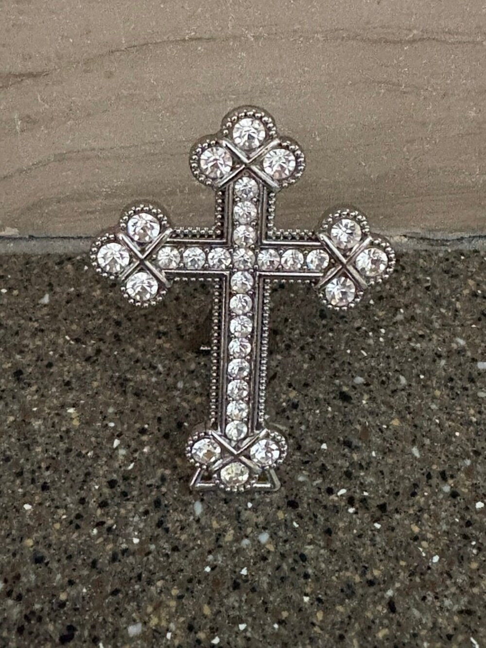 Small bedside tabletop cross w/ stand, silver tone w/ crystals, Alexa's Angels